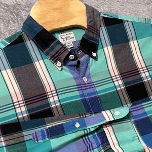 J.Crew Indian Madras Plaid Button Down Shirt Mens XL Blue Green Long Sleeve